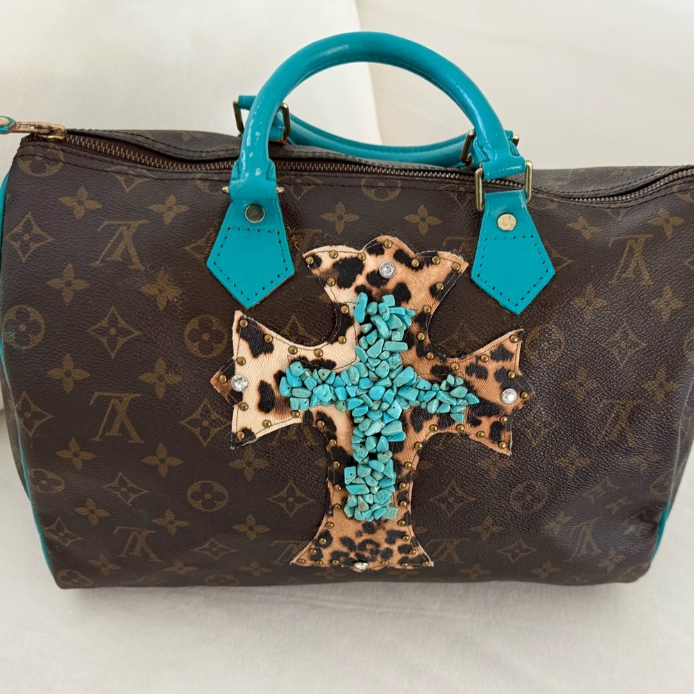 Brown and Turquoise Satchel with Cross Detail
